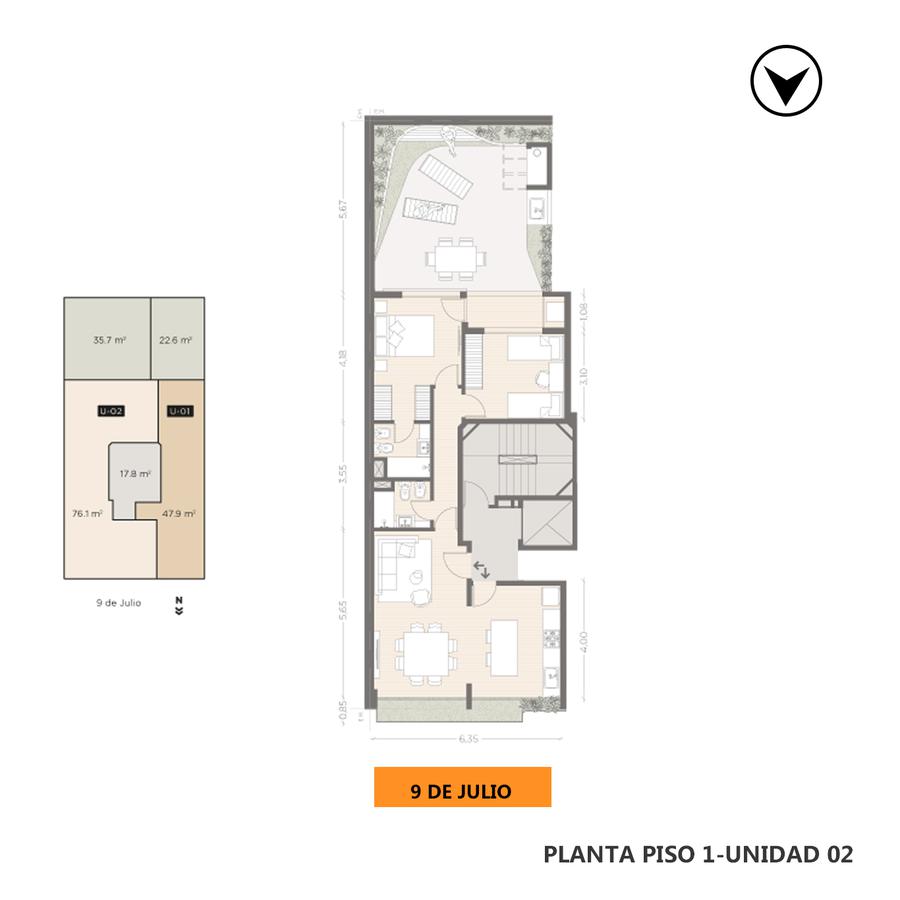 Departamento dos dormitorios con patio y parrillero Lourdes