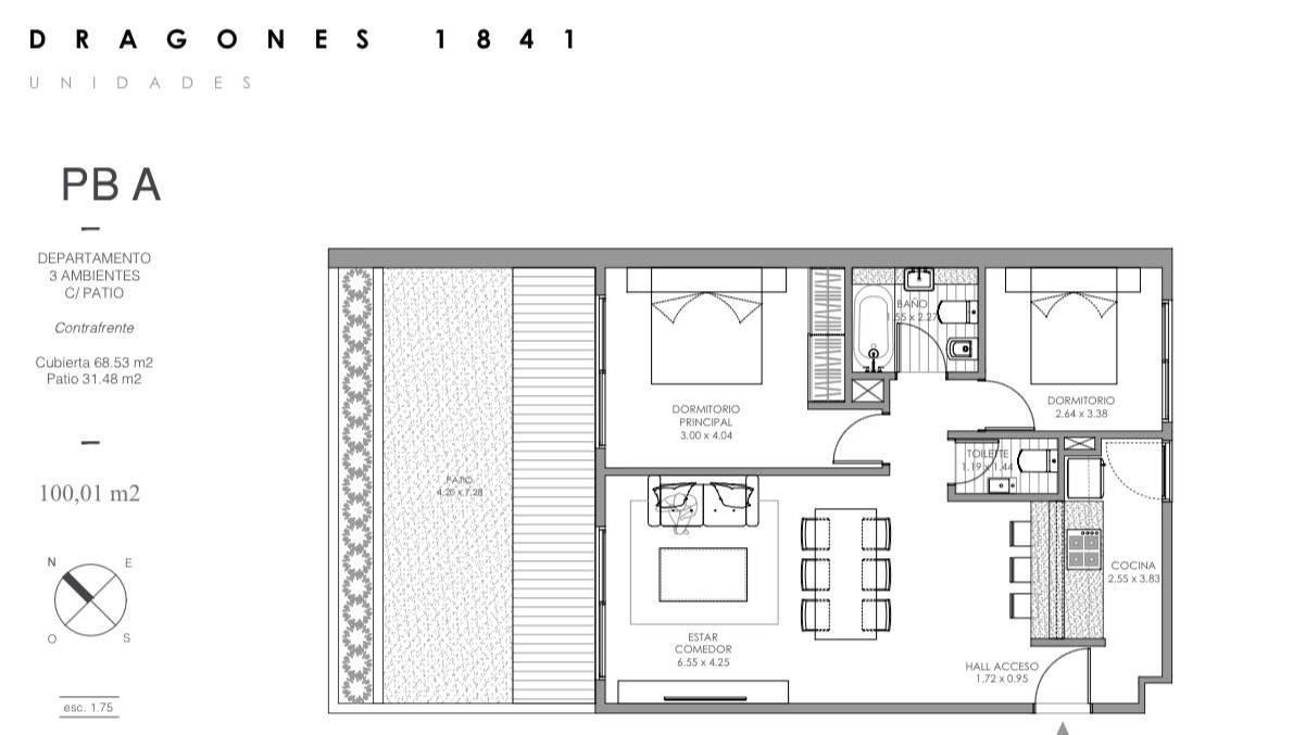 Dragones y Pampa 100 m2 Con Patio 3 Ambientes Cochera Amenities