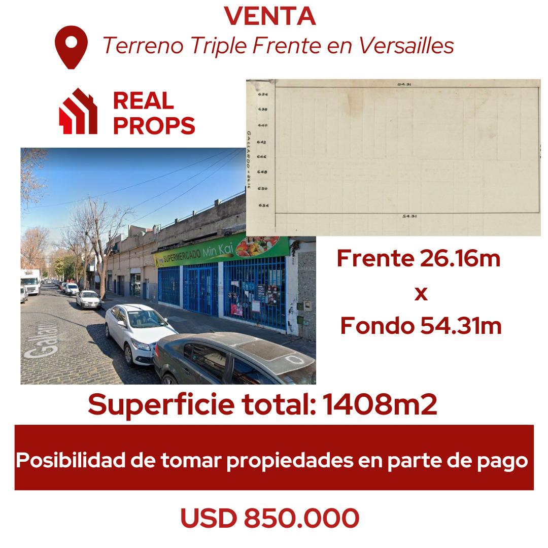 Terreno triple frente - USAB 1- Más de 1900m2 vendibles - SIN PLUSVALIA - Versalles